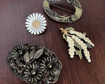 Antique Art Nouveau Brooches: Bronze Floral & Geometric Designs