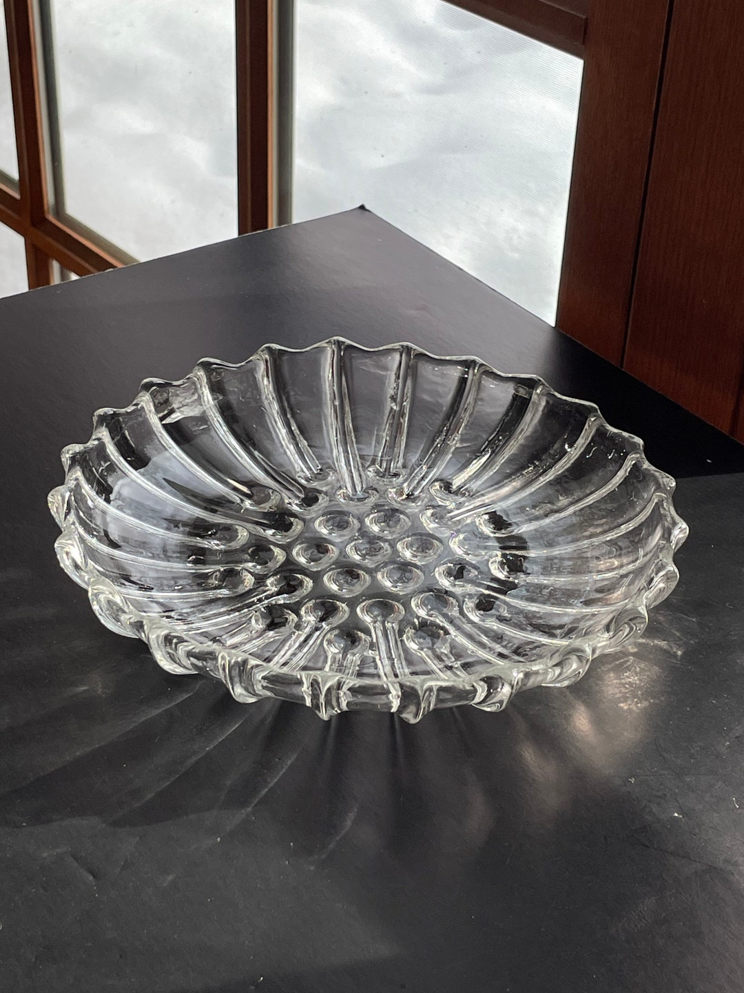 Midcentury Clear Glass Serving Plate MCM Bubble Dish Groovy Plate