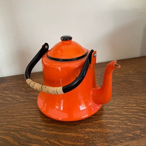 Vintage Orange Enamelware Tea Kettle | Vintage Japanese Enamel Teapot | MCM | OTO Enamel Teapot | Rattan Handle | Repurposed Vase