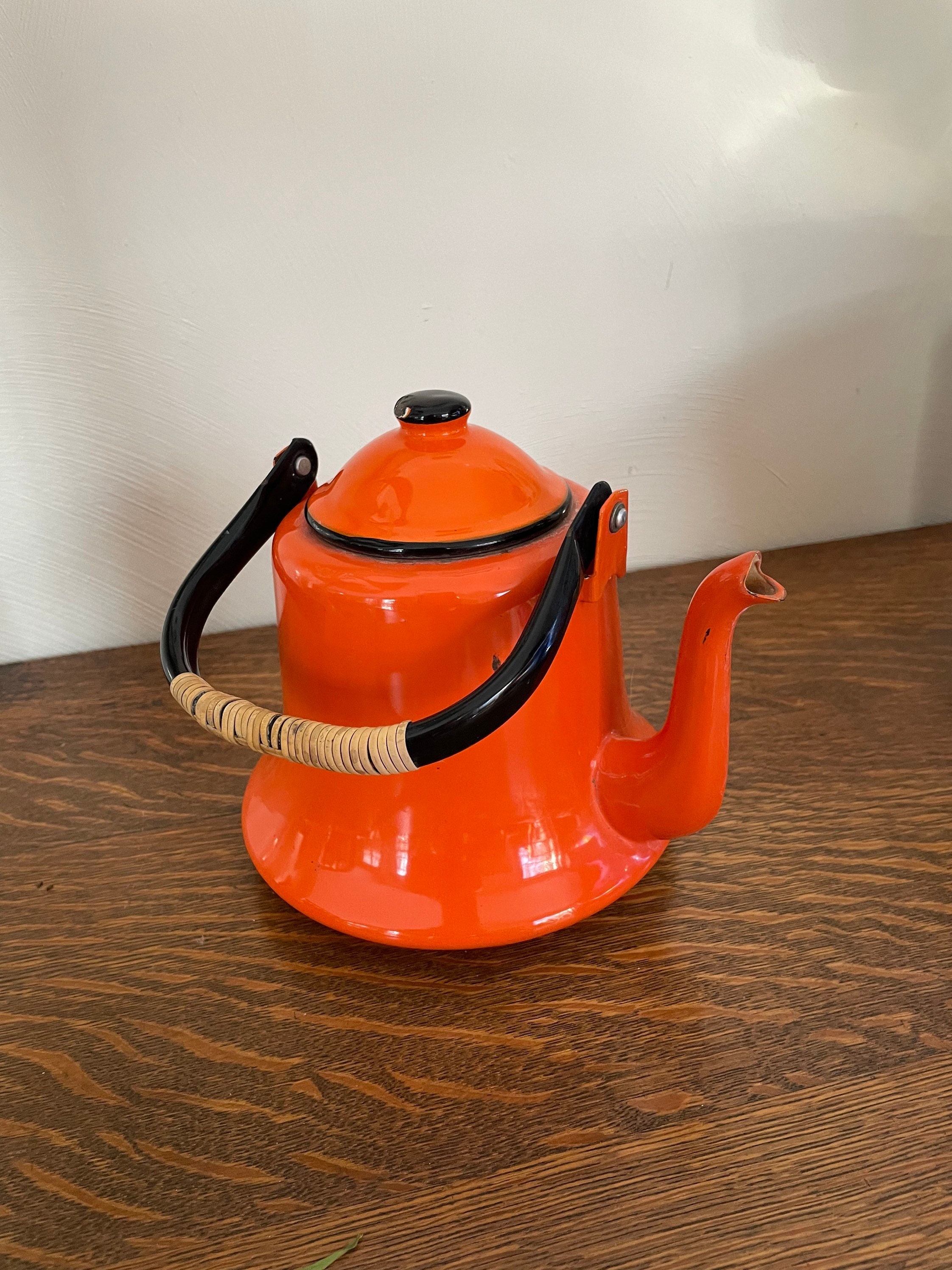 Vintage Orange Enamelware Tea Kettle Vintage Japanese Enamel Teapot MCM OTO  Enamel Teapot Rattan Handle Repurposed Vase 