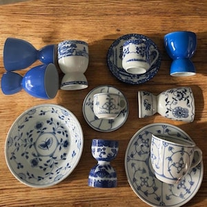 Vintage Blue and White China Tablescape: Royal Sometuke Egg Cups; Winterling, INARCO and Tobe Ware Tea Cups; B&G Plate - You Choose
