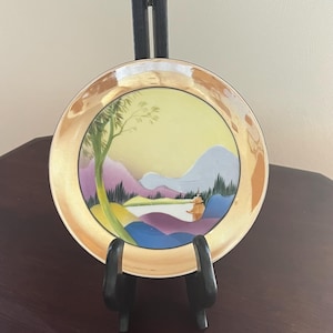 Vintage Noritake &quot;M&quot; Lusterware Plate | Made in Japan | Vintage Bisque Porcelain | Hand Painted Mountain Scene