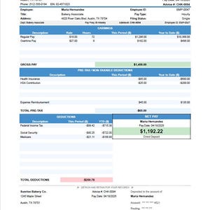 以下が含まれることがあります： Sunrise Bakery Co. の Maria Hernandez, Bakery Associate の給与明細書。給与、控除、手取り額 1,192.22 ドルを明細。給与期間、支払日、従業員 ID を含む。