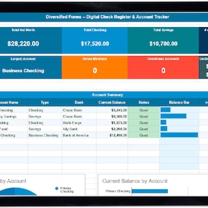 Könnte beinhalten: Ein Tablet zeigt ein digitales Scheckregister und einen Kontotracker. Die Tabelle zeigt Finanzdaten, einschließlich des Gesamtvermögens, der Giro- und Sparkontostände. Kontozusammenfassungen und Saldencharts sind ebenfalls sichtbar.