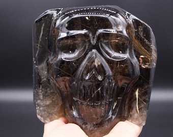 Skull- Rutilated Smokey Quartz Skull- Hand Carved Rutilated Smokey Quartz Skull- Dark Smokey Quartz skull with Rutile- Brazil