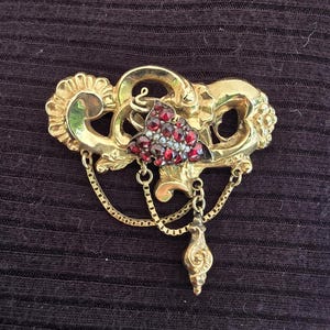 Biedermeier Antique Brooch - Solid Gold with Garnets and Seed Pearls