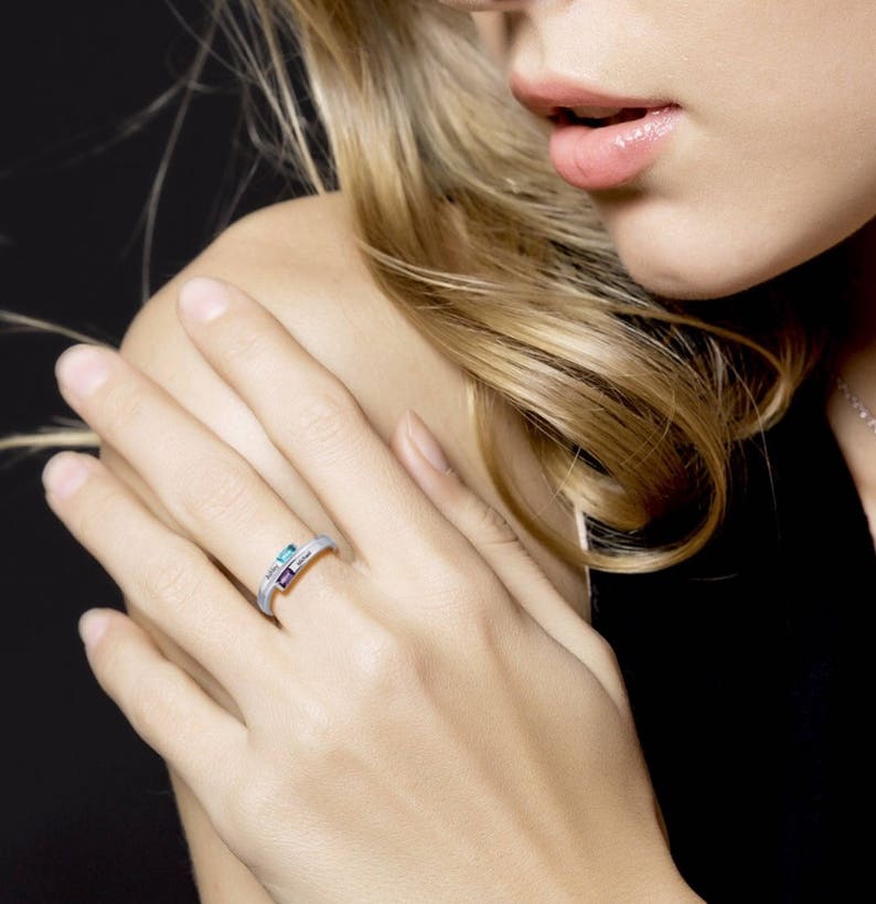 Engraved Promise Ring Couples Birthstone Ring Sterling Silver Etsy