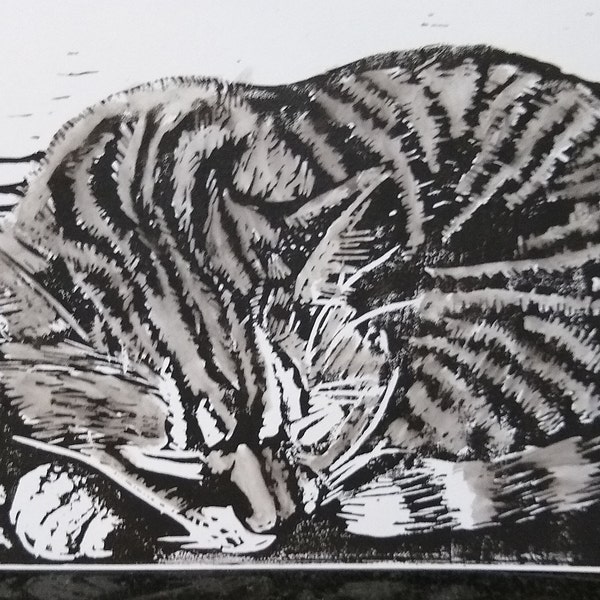 My Cat - Hand printed lino cut blank greeting card