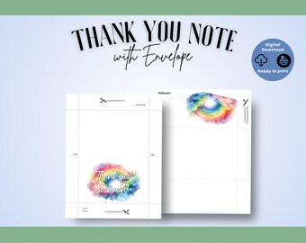 May include: A digital download of a thank you note with an envelope. The note features a watercolor rainbow design with the words "Thank you so much!" The design includes a digital download icon and the words "Ready to print."