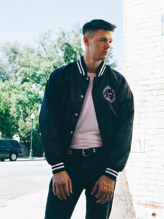 Nylon Satin Bomber Baseball Jacket. Available in Black and 