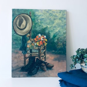 May include: A painting of a wooden chair with a straw hat, a bouquet of flowers, and a pair of black boots. The background is a green and blue landscape.