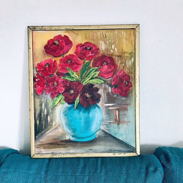 Peinture ancienne, nature morte bouquet de pivoines, huile sur toile