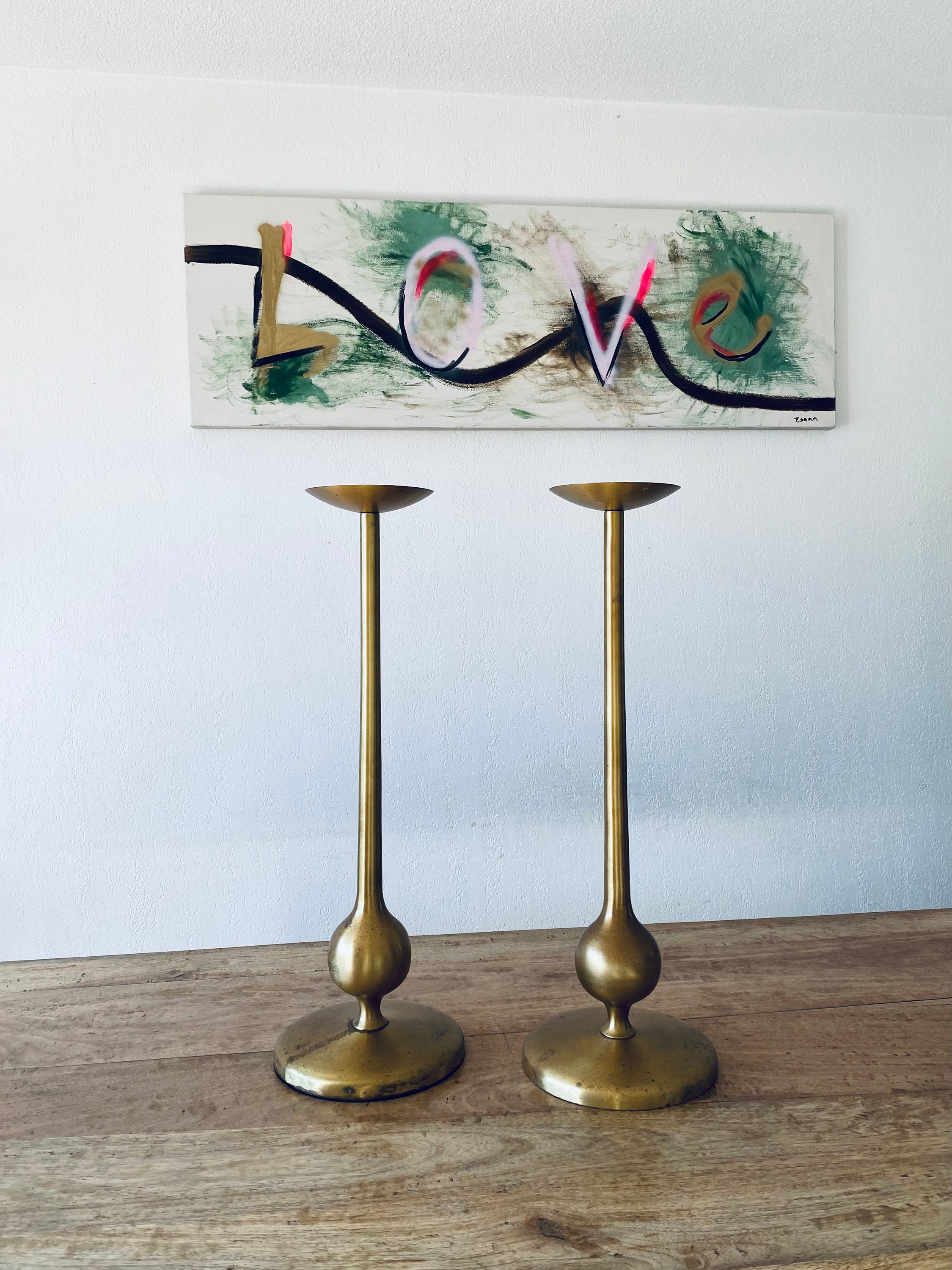 Paire de Candélabres Xxl en Laiton Brossé