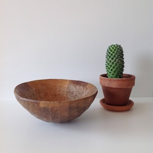 Peut inclure: Un bol en bois avec une surface rugueuse et texturée repose sur une surface blanche à côté d'un petit pot en terre cuite avec un cactus vert.
