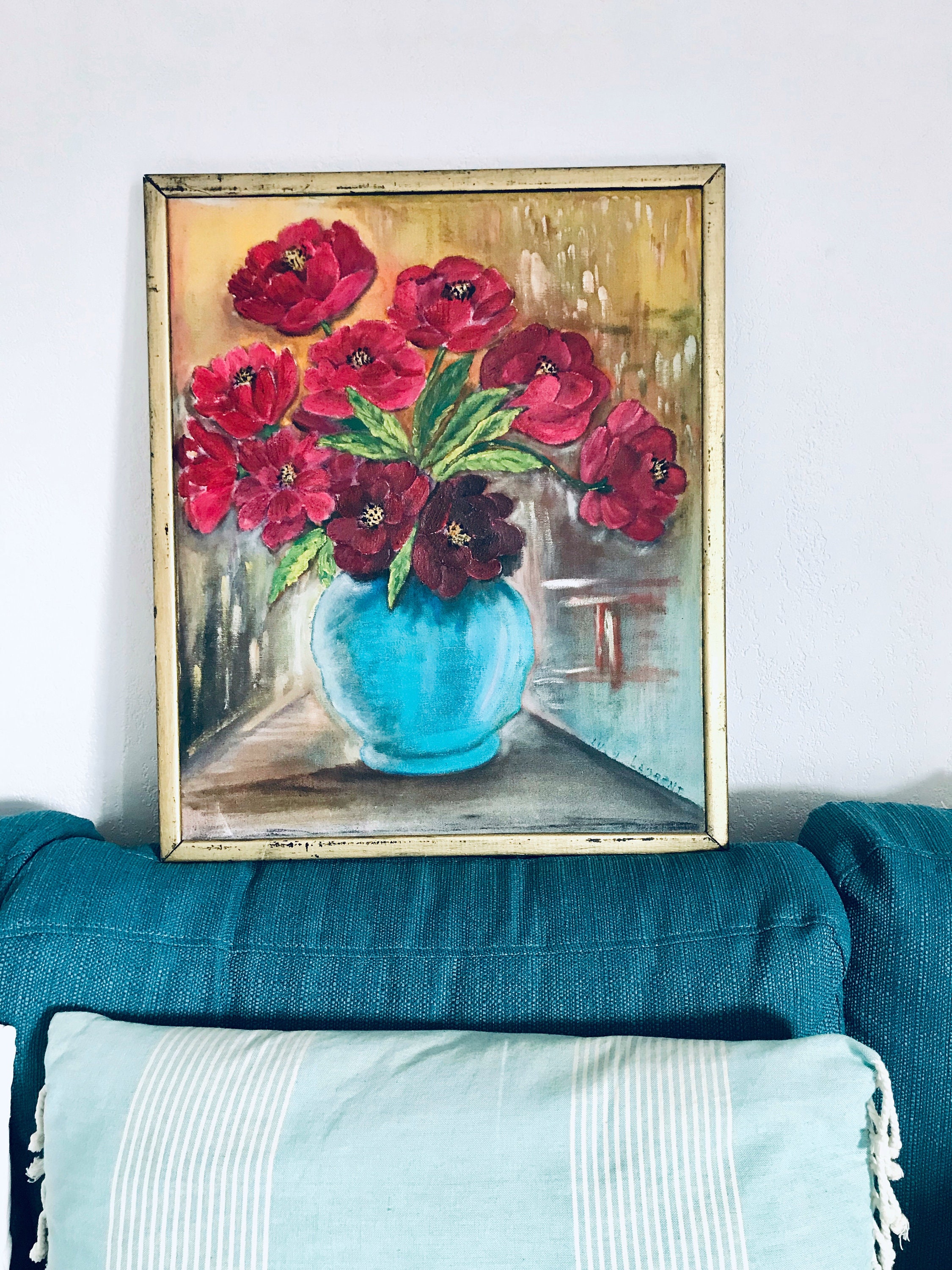 Peinture Ancienne, Nature Morte Bouquet de Pivoines, Huile sur Toile