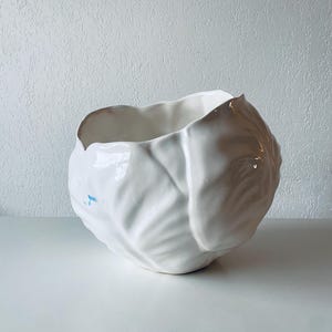 Op de afbeelding: Witte keramische plantenbak in de vorm van een kool. De plantenbak is gemaakt om eruit te zien als een kool met gedetailleerde bladeren.