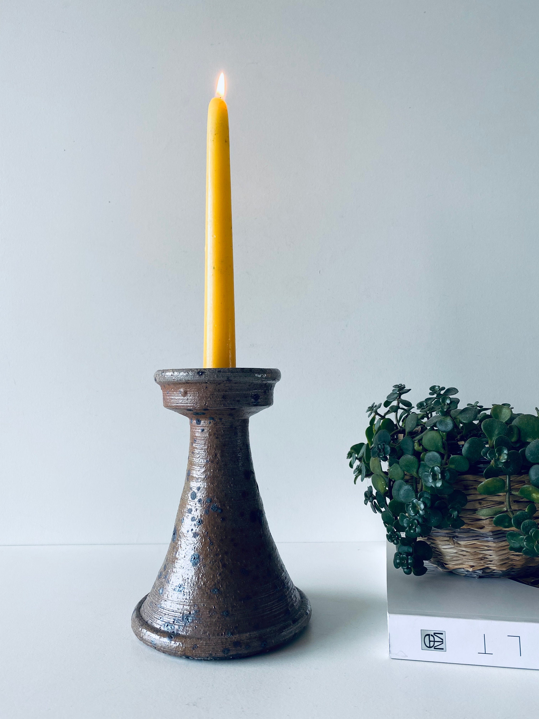 Ancienne Lanterne Bougeoir En Grès Pyrité – Déco Vintage Céramique Marron 16cm