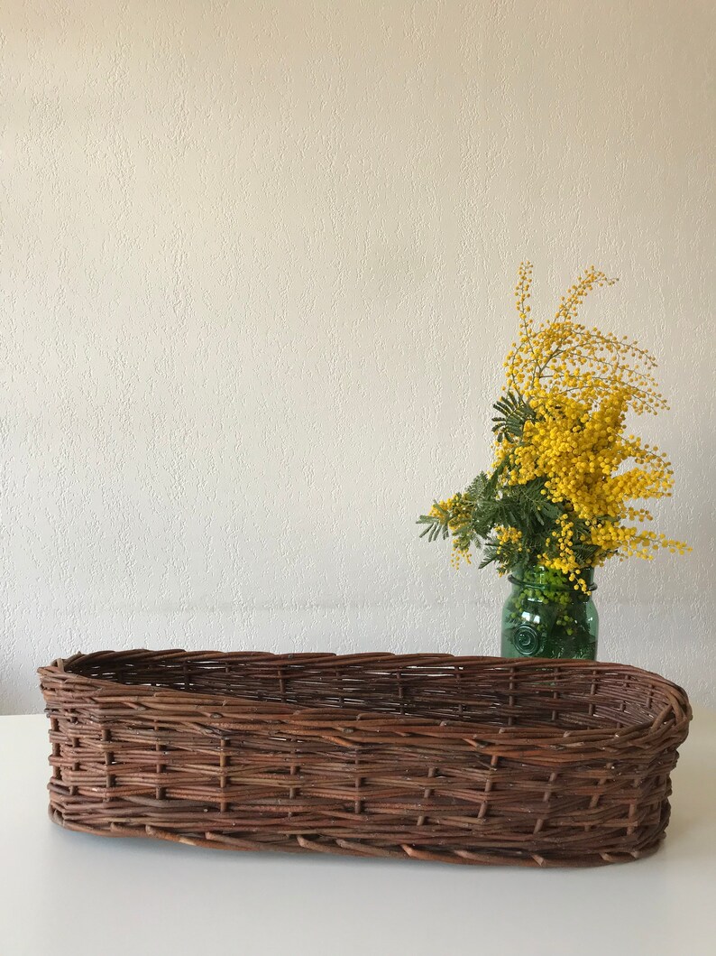 Puede incluir: Una cesta de mimbre larga y ovalada hecha de ramitas marrones. La cesta est&aacute; vac&iacute;a y se encuentra sobre una superficie blanca.