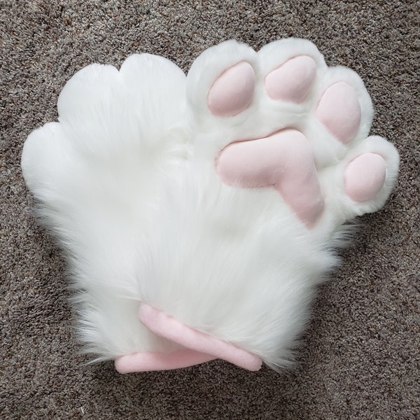 Puffy white fursuit paws with pink mochi minky paw pads! Ready to Ship Premade Fursuit Puffy Paws