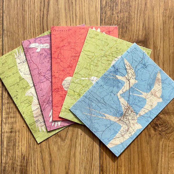 British birds cards printed on OS Ordnance Survey maps. Series of 5 blank cards. Red Kite, Buzzard, Owl, Curlew, Swallow.