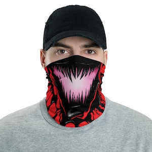 May include: A red and black face mask with a large, toothy grin. The mask is made of a soft, breathable fabric and is perfect for everyday wear.
