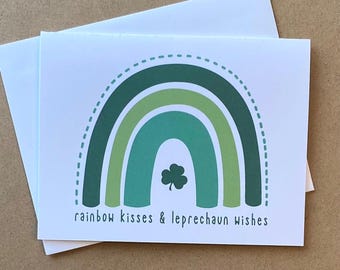 St. Patrick's Day Cards, Rainbow Kisses and Leprechaun Wishes, St Patricks Day Gift with Rainbow, Saint Patricks Day Cards