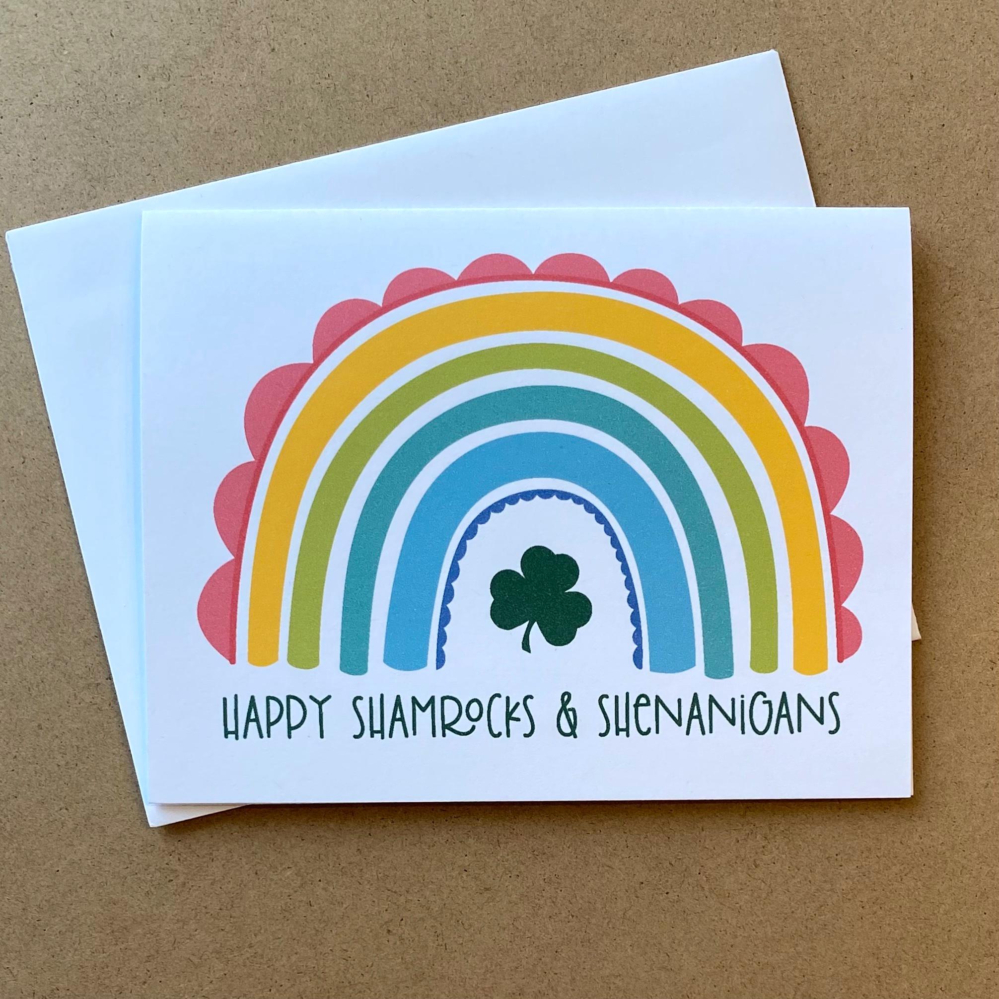 St. Patty's Day Greeting Card, Shamrocks and Shenanigans, St Patty's Day Rainbow, Shamrock Gift for Friend