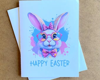 Retro Easter Bunny Card: Watercolor Kids Greeting Card