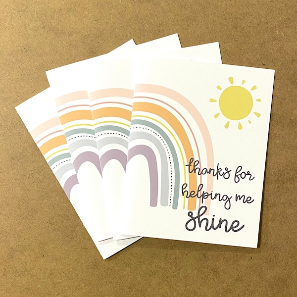 Teacher thank you card, End of year teacher appreciation, Thanks for helping me shine, Teacher Appreciation Card, Rainbow teacher card