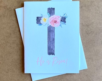 He is Risen Easter Card: Watercolor Floral Christian Greeting