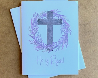 He is Risen Easter Card: Watercolor Floral Cross, Christian Greeting
