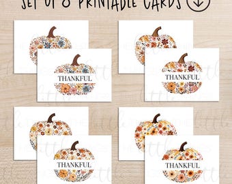 Set of 8 Pumpkin Floral Thankful Cards - Instant Download