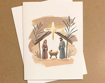 Religious Christmas Card with Watercolor Nativity