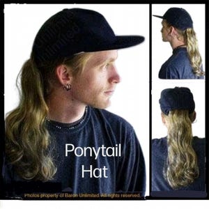 May include: A black baseball cap with an attached long, wavy, light brown ponytail extension. The cap features a structured crown and a flat brim. The text "Ponytail Hat" is visible in the center of the image, along with a watermark.