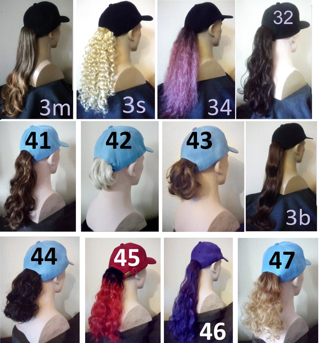 Baseball Cap Hat With Ponytail Attached Various Hair Colors and Lengths