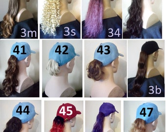 Baseball cap hat with ponytail attached - various hair colors and lengths - Synthetic hair