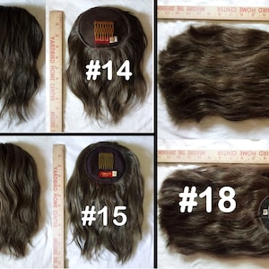 May include: Four brown hairpieces with combs attached. The hairpieces are labeled #14, #15, and #18.