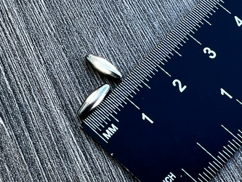 May include: Two silver-coloured metal beads, each measuring approximately 2.5 cm in length, are placed on a black ruler with white markings. The ruler is marked in inches and millimetres.