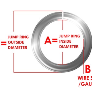 May include: Diagram showing the measurements of a jump ring. The measurements are labeled "A" for inside diameter, "B" for wire size/gauge, and "C" for outside diameter.