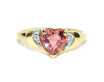 Natural Padparadscha Sapphire & Diamond Ring 14K Gold .88tcw Heart Gemstone Pink Ring September Birthstone Promise Ring Anniversary Ring