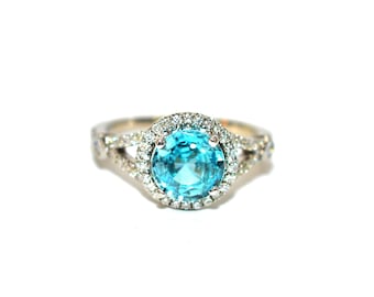 Natural Blue Zircon & Diamond Ring 14K Solid White Gold 2.12tcw Engagement Ring Wedding Ring Cocktail Ring Gemstone Ring Birthstone Ring