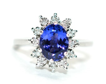 Certified Natural D'Block Tanzanite & Diamond Ring 14K White Gold 1.99tcw Engagement Ring Statement Ring Cocktail Ring Womens Ring Halo Ring