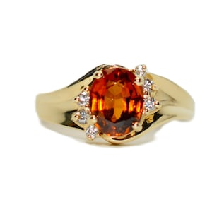 Natural Spessartine Mandarin Garnet & Diamond Ring 14K Solid Gold 1.73tcw Fanta Garnet Ring Orange Ring January Birthstone Ring Women&#39;s Ring