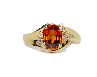 Natural Spessartine Mandarin Garnet & Diamond Ring 14K Solid Gold 1.73tcw Fanta Garnet Ring Orange Ring January Birthstone Ring Women's Ring