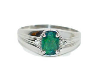 Natural Black Opal Ring 10K White Gold .67tcw Mens Ring Lightning Ridge Opal Ring Solitaire Ring Vintage Ring Birthstone Ring Rare Gemstone