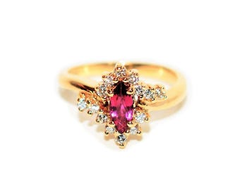 14K Gold Ruby Diamond Ring: Marquise Gemstone, .72 tcw, Size 5.75