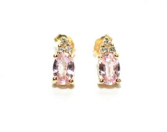 Natural Padparadscha Sapphire & Diamond Earrings 14K Gold 1.02tcw Stud Earrings Pink Sapphire Earrings September Birthstone Earrings Ceylon