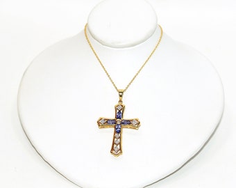 LeVian Natural Tanzanite & Diamond Necklace 14K Solid Gold 1.31tcw Cross Necklace Religious Necklace Pendant Necklace Designer Necklace