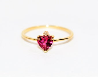 Natural Rubellite & Diamond Ring 14K Solid Gold .43tcw Natural Pink Tourmaline Ring Heart Ring Women's Ring Promise Ring Engagement Ring