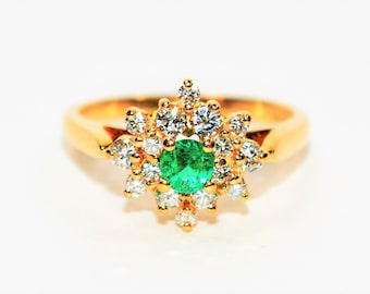 Natural Colombian Emerald & Diamond Ring 14K Solid Gold .53tcw Cluster Ring Statement Ring Vintage Ring Emerald Ring May Birthstone Ring